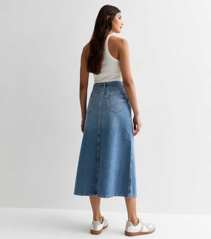 ARKET denim midi wrap skirt in mid washed blue