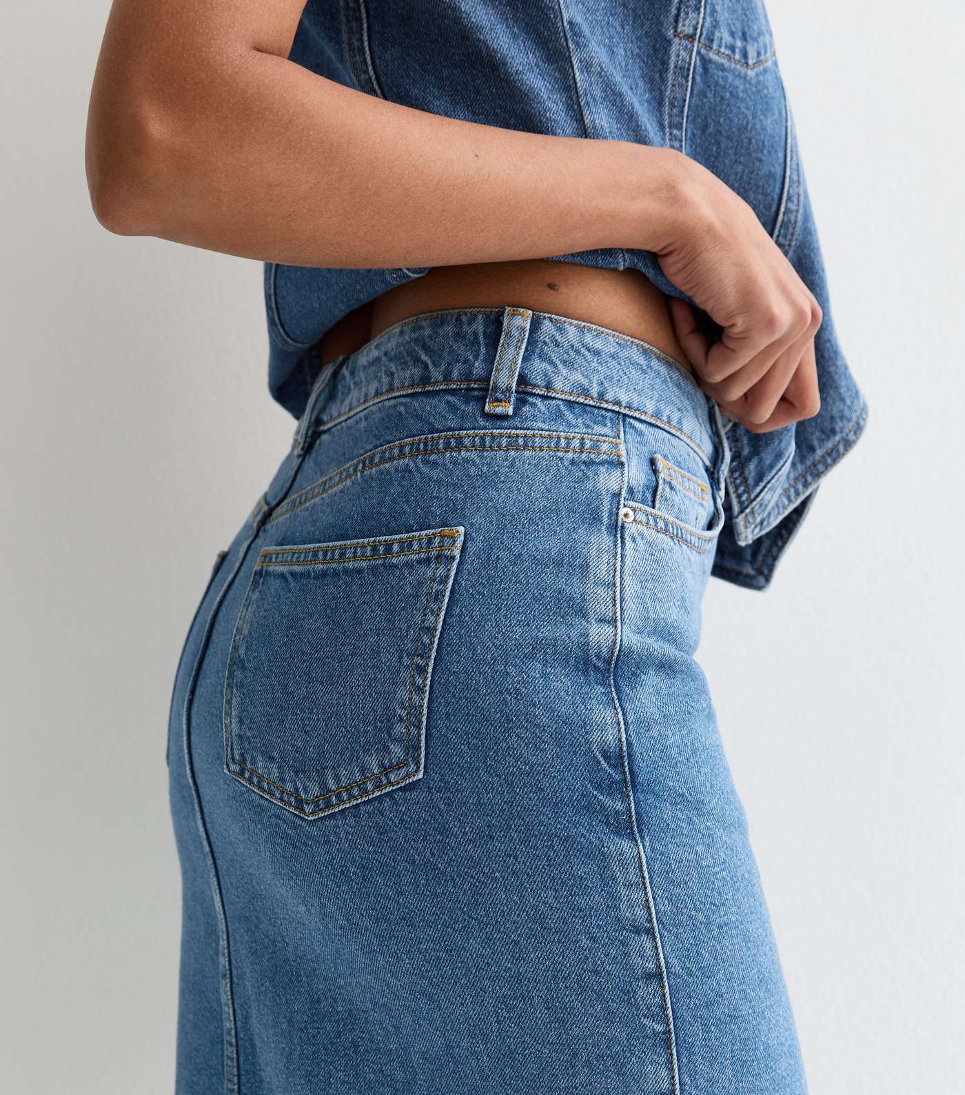 Blue Denim Thigh Split Midi Skirt Image 2