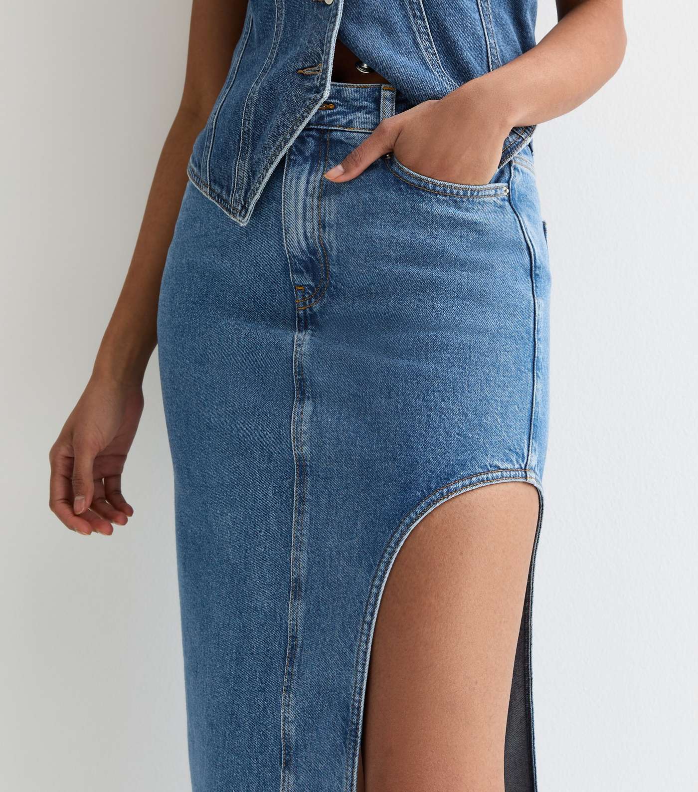 Blue Denim Thigh Split Midi Skirt Image 4