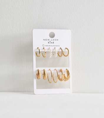 6 Pack Gold Faux Pearl and Twist Hoop Earrings
