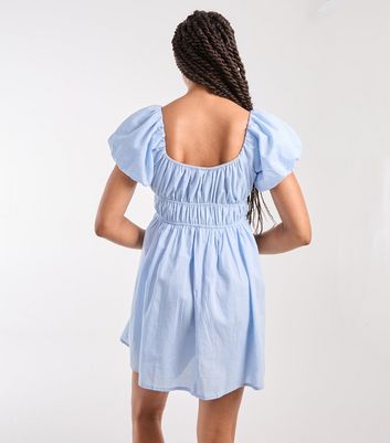 Pink Vanilla Blue Puff-Sleeve Cotton Mini Dress New Look