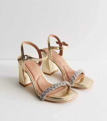 Gold Diamanté-Embellished Block-Heel Sandals