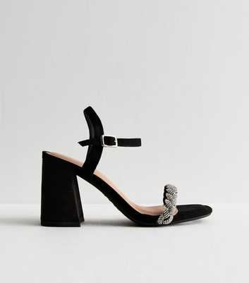 Black Suedette Diamanté-Strap Block-Heel Sandals