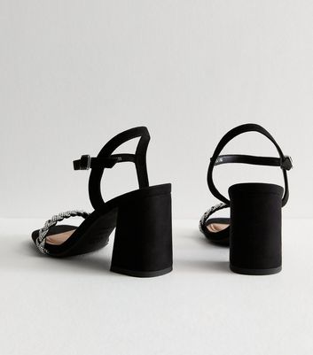 Black Suedette Diamanté-Strap Block-Heel Sandals New Look Vegan