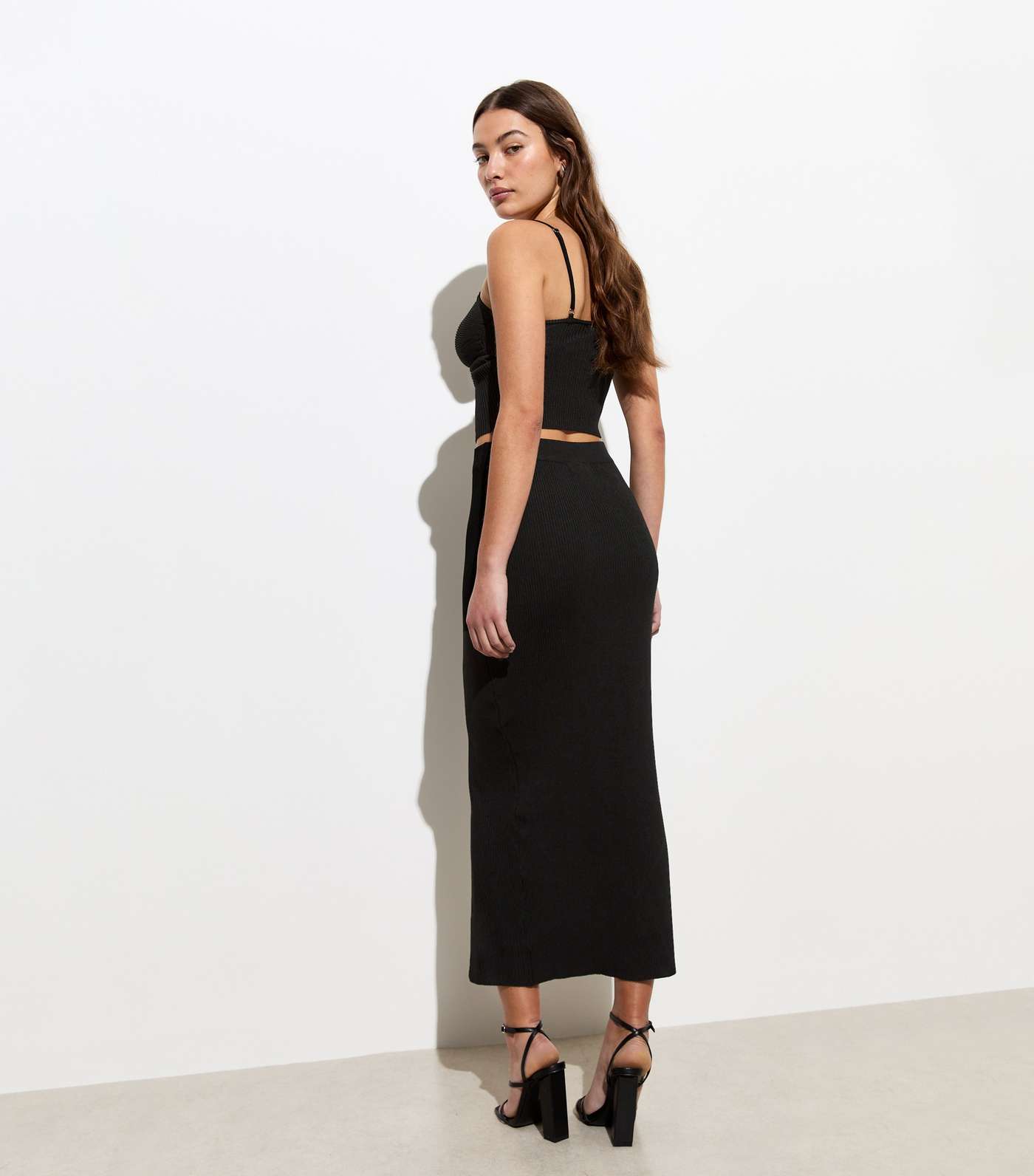 Black Ribbed Knit Split Hem Midi Skirt Image 4