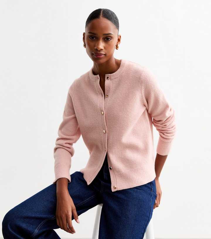 Pink Cardigan With Buttons Cashmere Crew Neck Cardigan