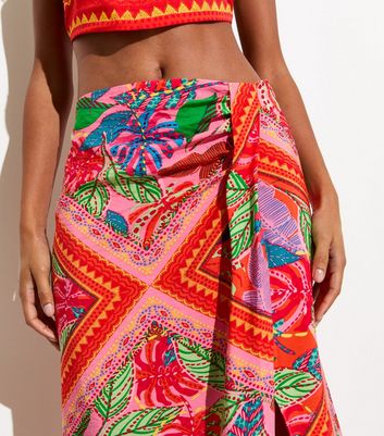 Multicoloured Tropical Print Sarong Midi Skirt New Look