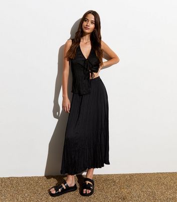 Black Crinkle Pleated Midi Skirt New Look