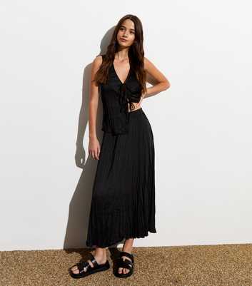 Black Crinkle Pleated Midi Skirt