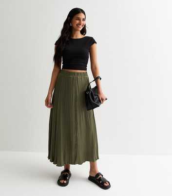 Khaki Crinkle Pleated Midi Skirt 
