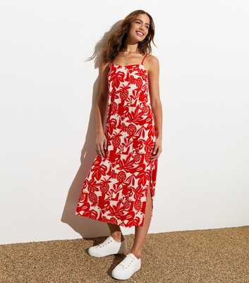Red Pineapple-Print Slip Midi Dress