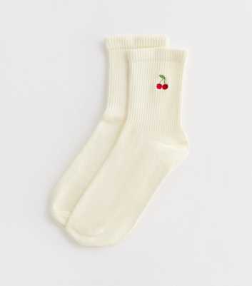 Cream Cherry Embroidered Ribbed Cotton-Blend Socks 