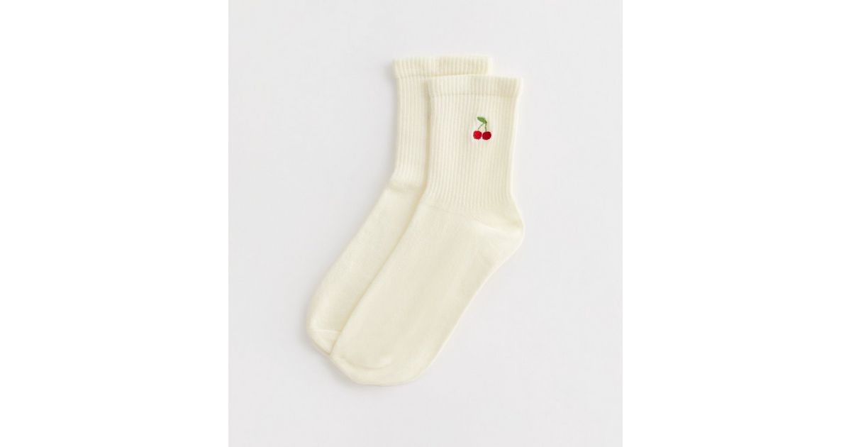 Cream Cherry Embroidered Ribbed Cotton-Blend Socks | New Look