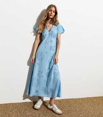 Blue Abstract Print V Neck Midi Dress