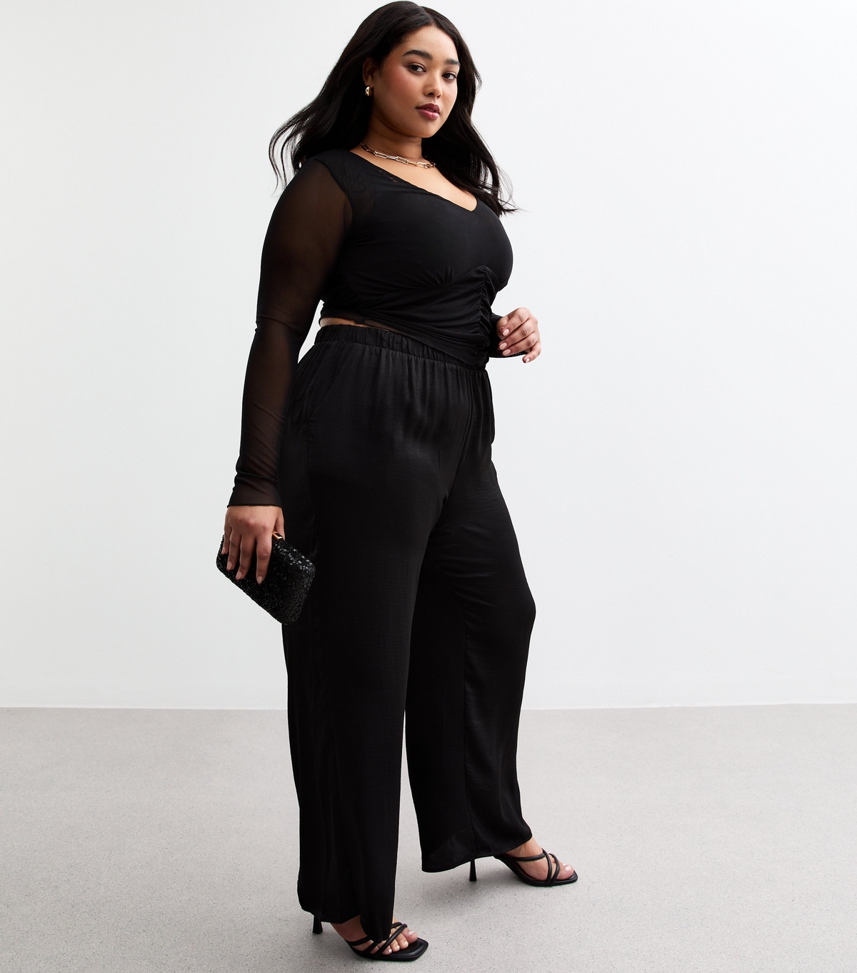 Women's Plus Size Black Satin Wide Leg Trousers Curves New Look