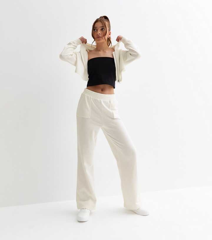 Girls Cream Patch Pocket Wide Leg Joggers