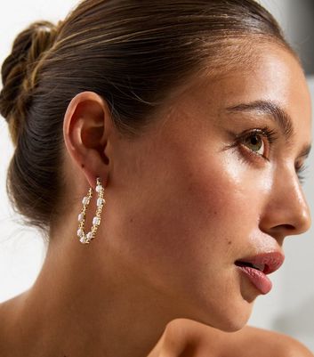 Gold Faux Pearl Flower Large Hoop Earrings