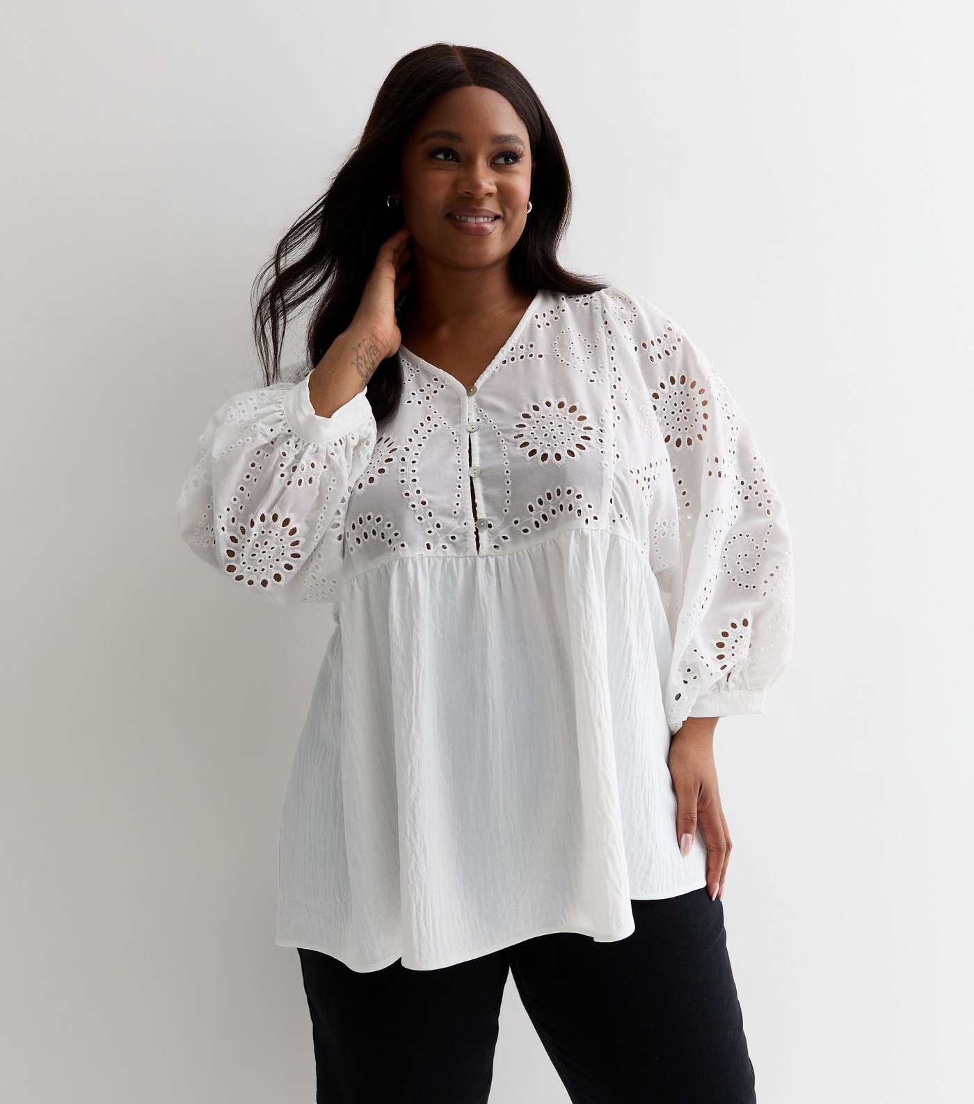 Curves White Broderie Peplum Blouse Image 2