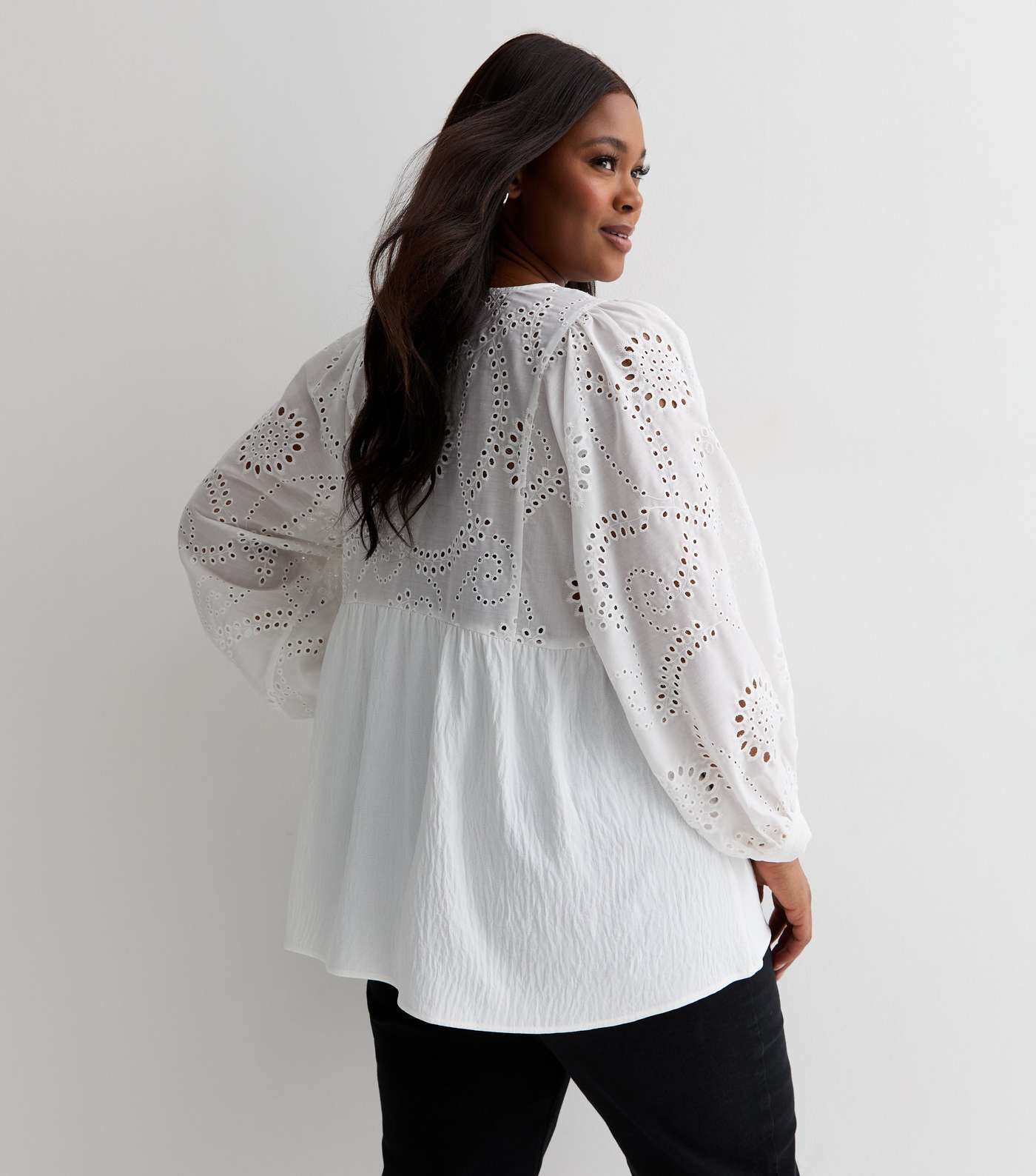 Curves White Broderie Peplum Blouse Image 4