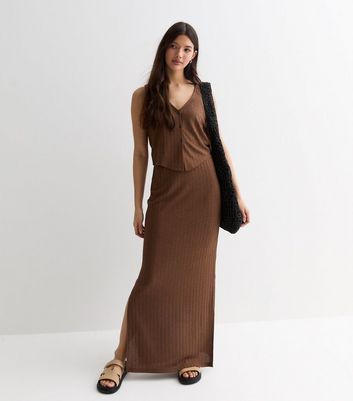Brown Ribbed Knit Button Front Waistcoat New Look