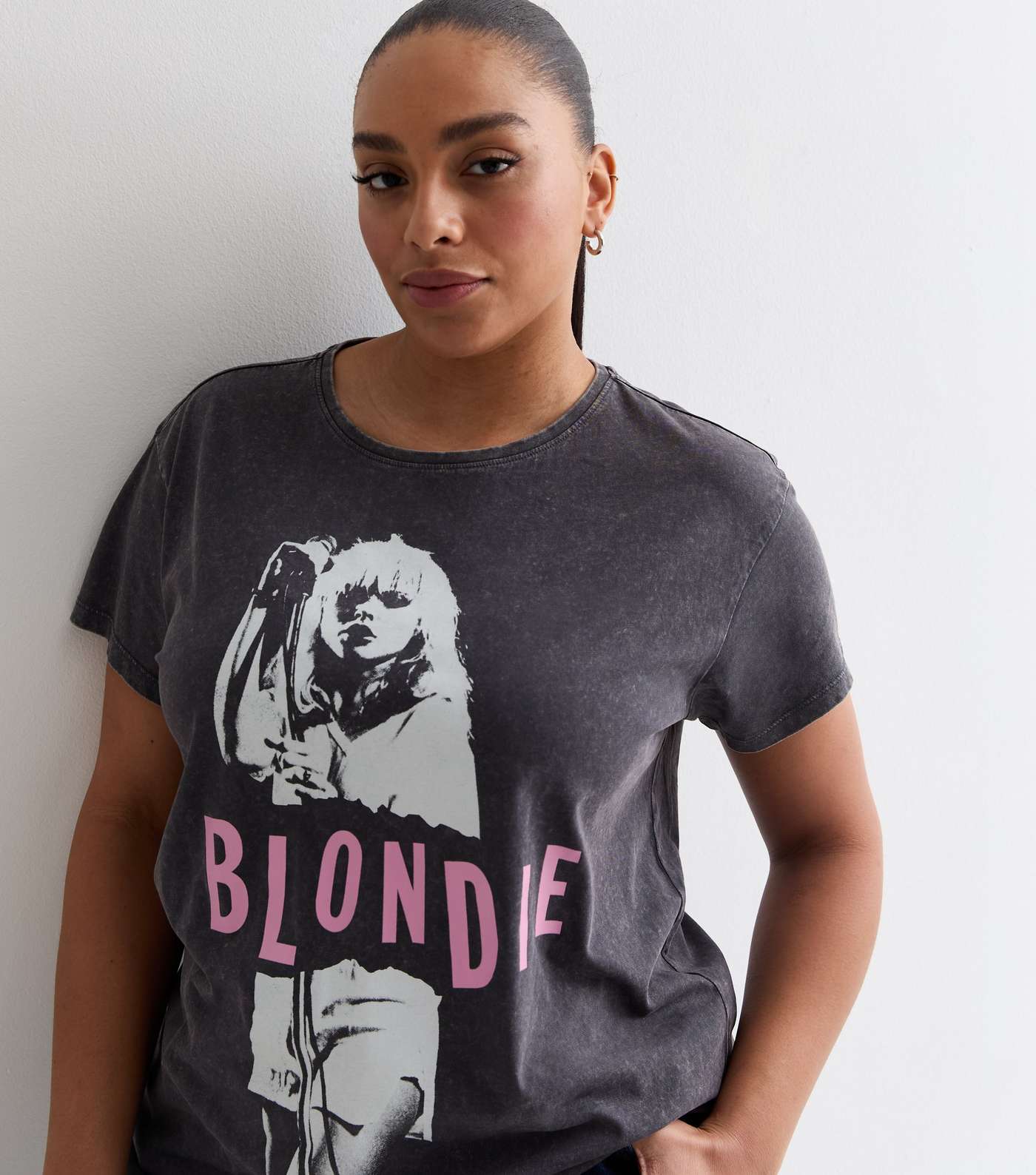 Curves Dark Grey Acid Wash Cotton Blondie Logo T-Shirt Image 2