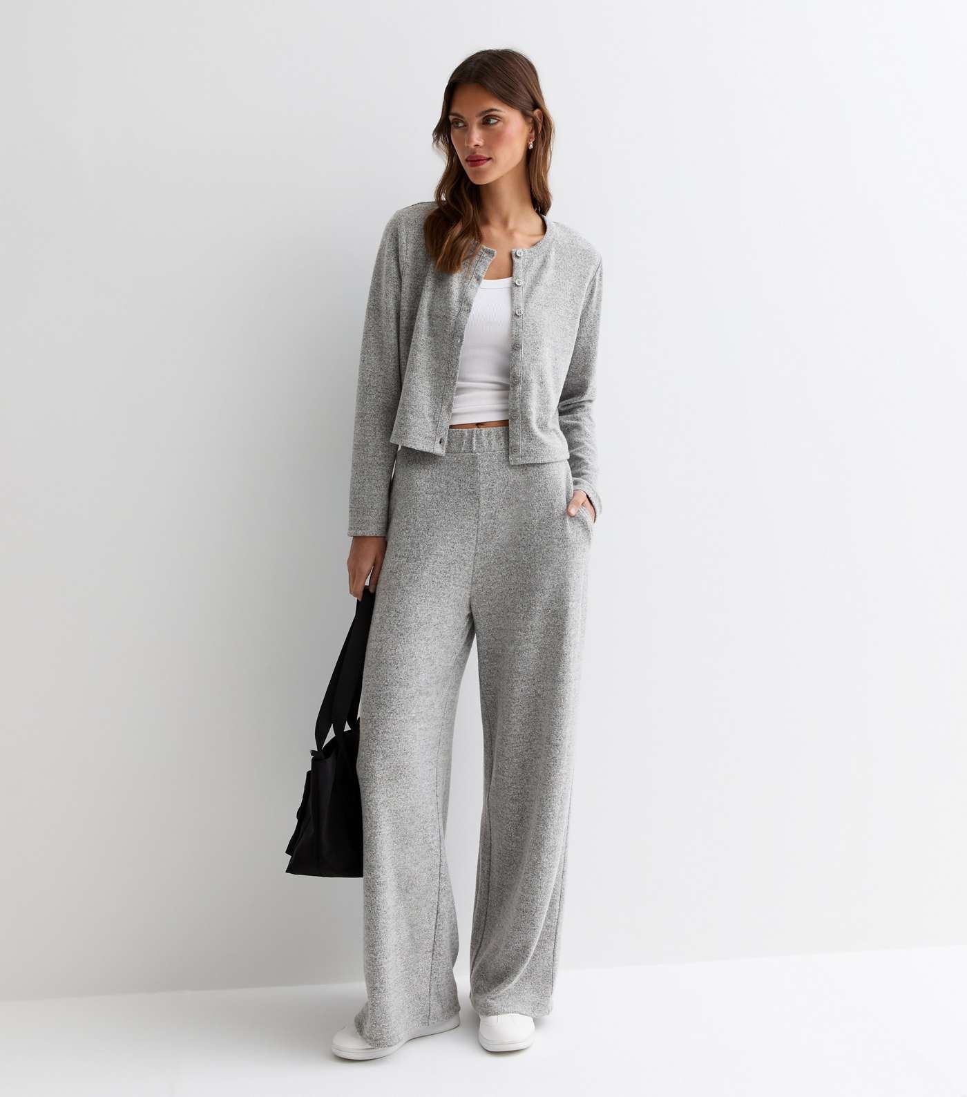 Grey Brushed Jersey Wide Leg Trousers Image 3