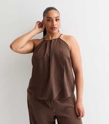 Curves Dark Brown Wrap Front Linen-Look Cami