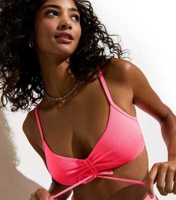 Neon Pink Ruched Front Popcorn Cropped  Bikini Top 