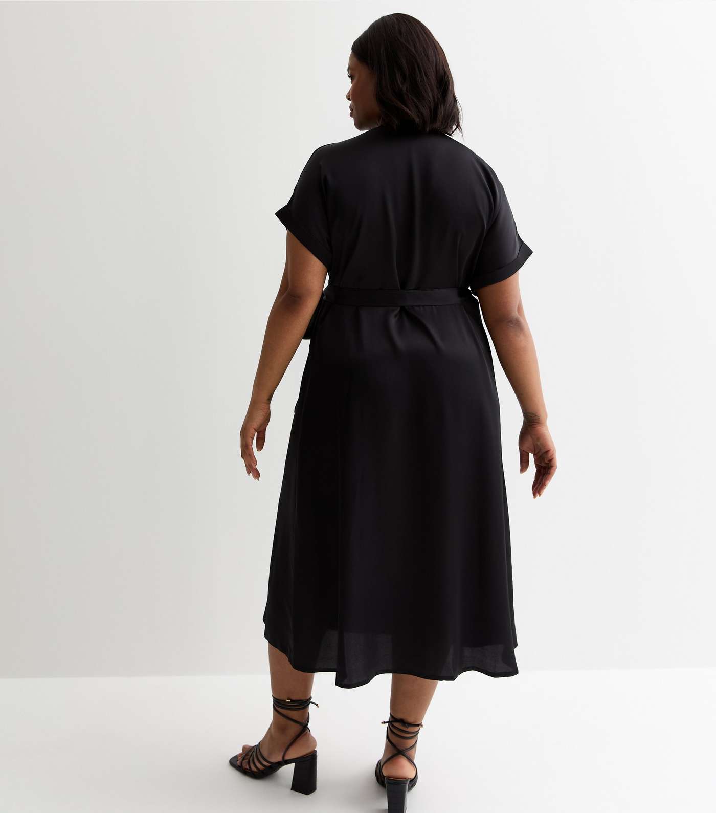 Curves Black Satin Midi Wrap Dress Image 4