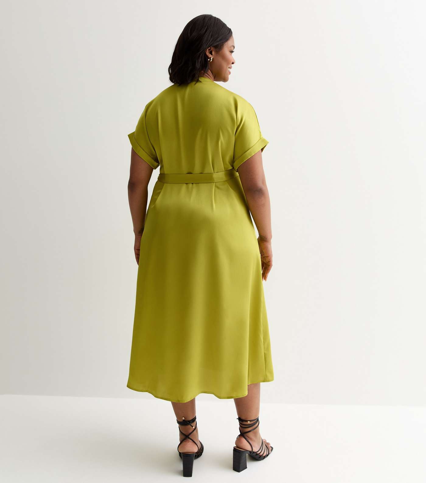 Curves Green Satin Midi Wrap Dress Image 4