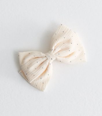 Cream Textured Embellished Bow Hair Slide New Look