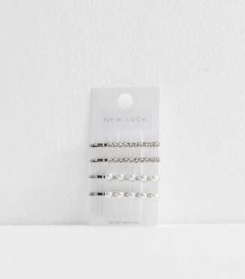 4 Pack Silver Faux Pearl and Diamanté Hair Slides