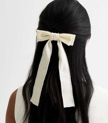 Cream Satin Long Bow Hair Slide