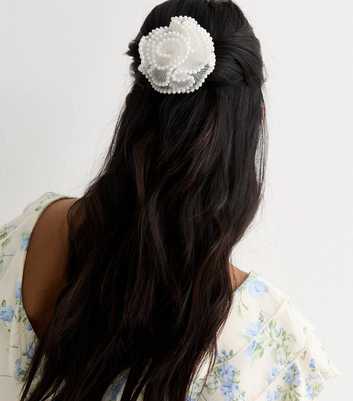 White Mesh Faux Pearl Large Corsage Hair Clip