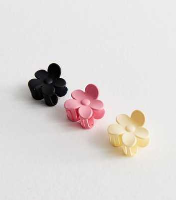 3 Pack Black Pink and Yellow Flower Mini Bulldog Claw Hair Clips
