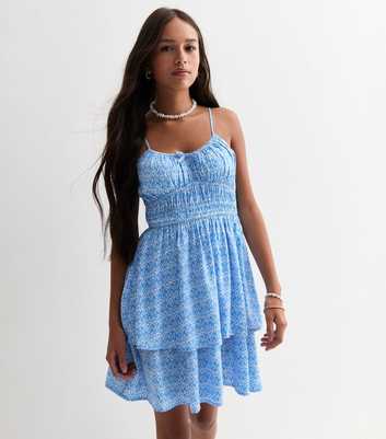 Girls Blue Patterned Shirred Bow-Detail Dress