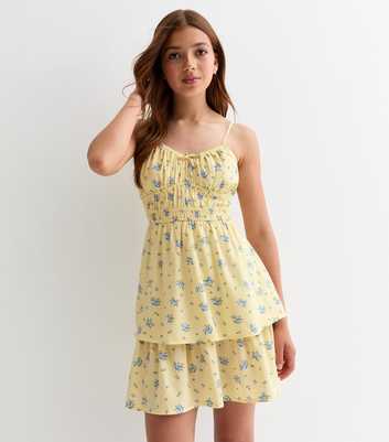 Girls Yellow Floral Shirred Bow-Detail Dress