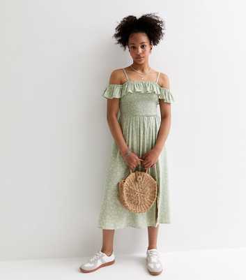 Girls Green Floral Print Bardot Midi Dress