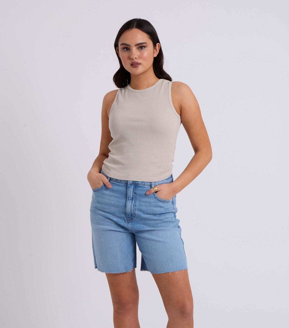 Women's Stone Ribbed Racer Vest Top Urban Bliss New Look