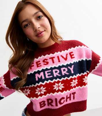 Girls Red Christmas Festive Merry Bright Crop Jumper