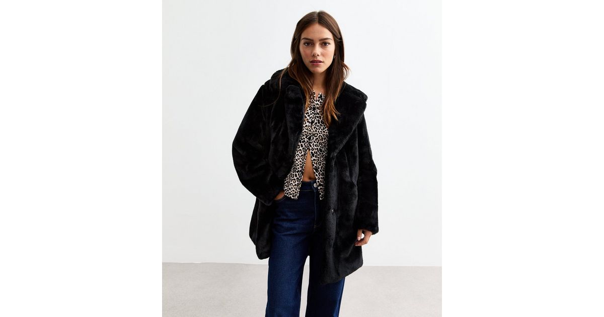 Petite Black Faux Fur Coat New Look