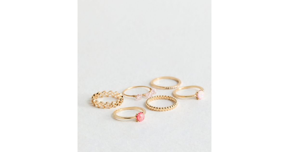 6 Pack Gold and Peach Mixed Rings | New Look