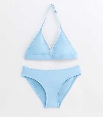 Girls Blue Contrast Trim Triangle Bikini Set 