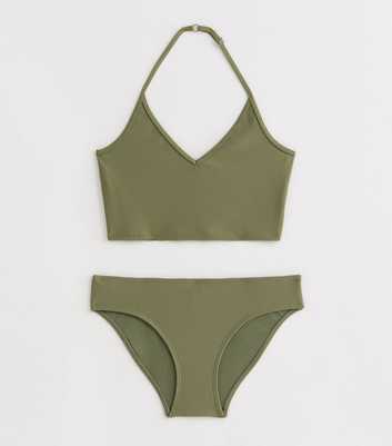 Girls Khaki Rib Textured Halter Bikini Set 