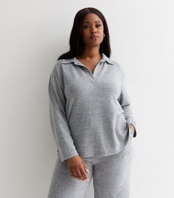 Curves Grey Brushed Knit Polo Top New Look
