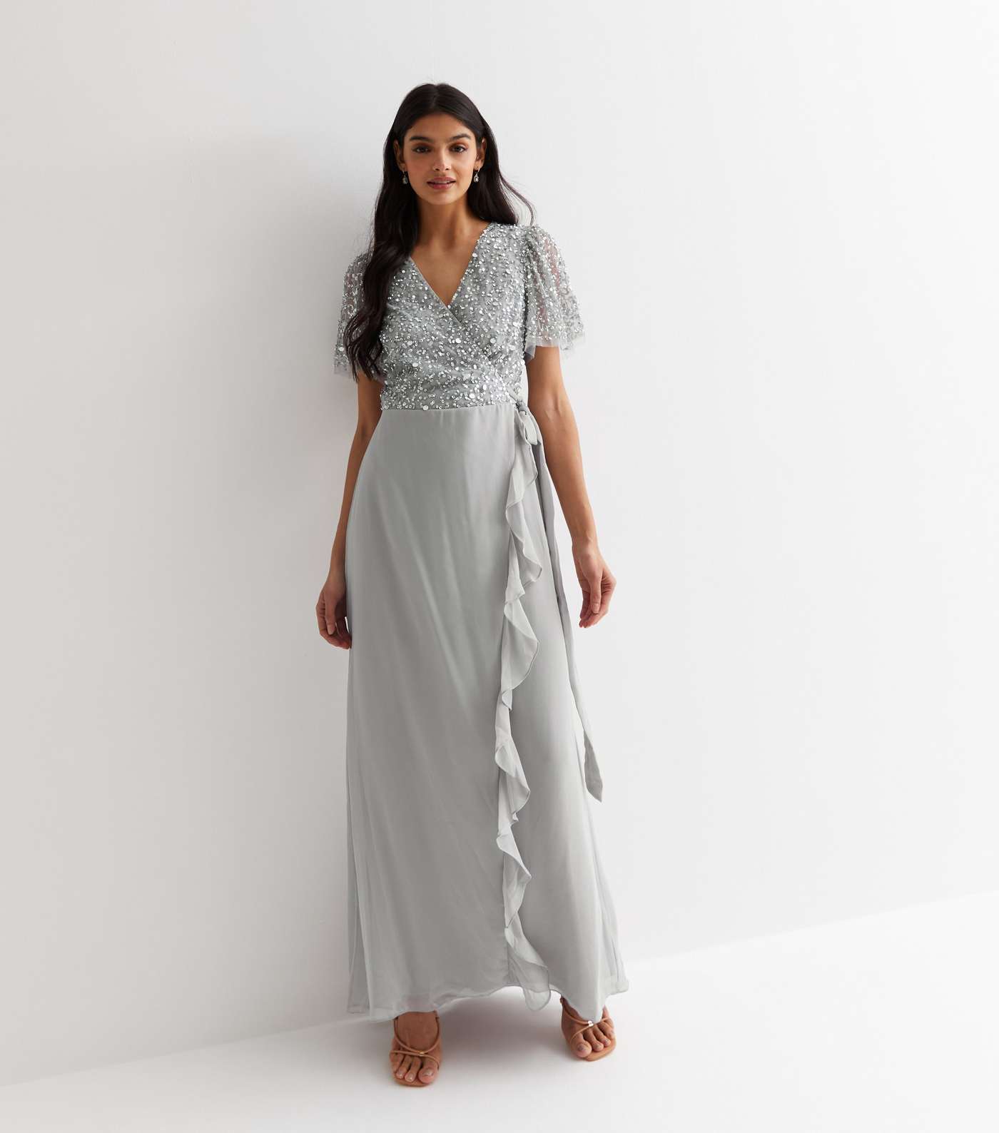 Gini London Grey Sequin Ruffle Wrap Maxi Dress Image 3