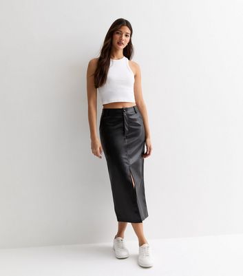 Gini London Black Leather-Look Split Hem Midi Skirt New Look