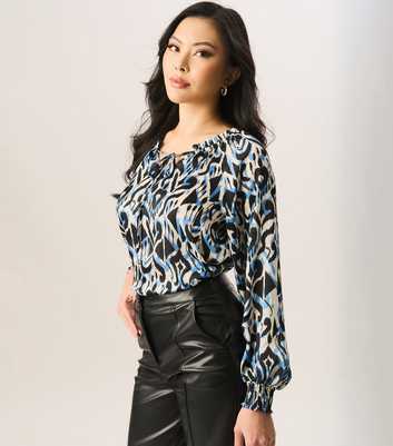 Gini London Blue Abstract Print Ruched Tie Neck Blouse