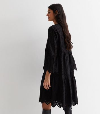 Gini London Black Broderie Tiered Smock Mini Dress New Look