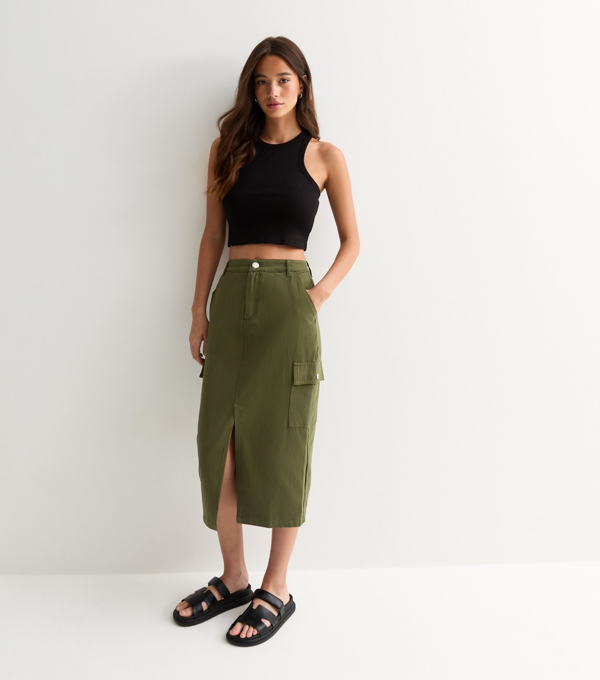 Women's Olive Cargo Midi Skirt Gini London New Look
